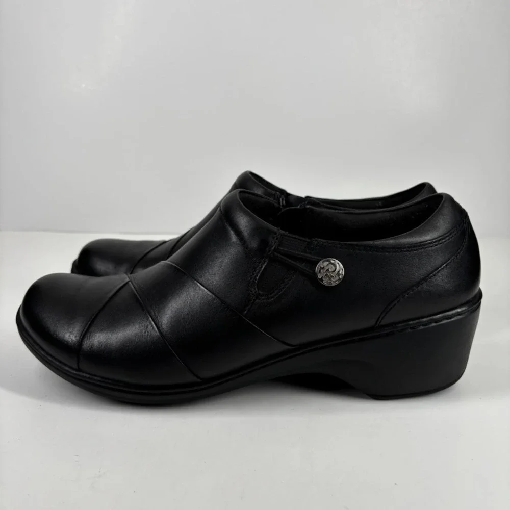 Clarks Channing Ann Women's US 11W Black Leather Comfort‎ Slip-On Wedge Loafers